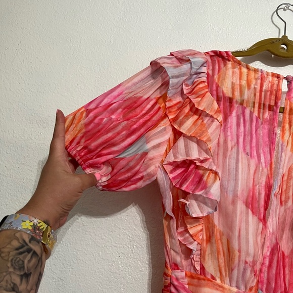 NWT L’atiste By Amy Womens M Multicolor Ruffle Mini Dress Deep V Puff Sleeve - Picture 8 of 14